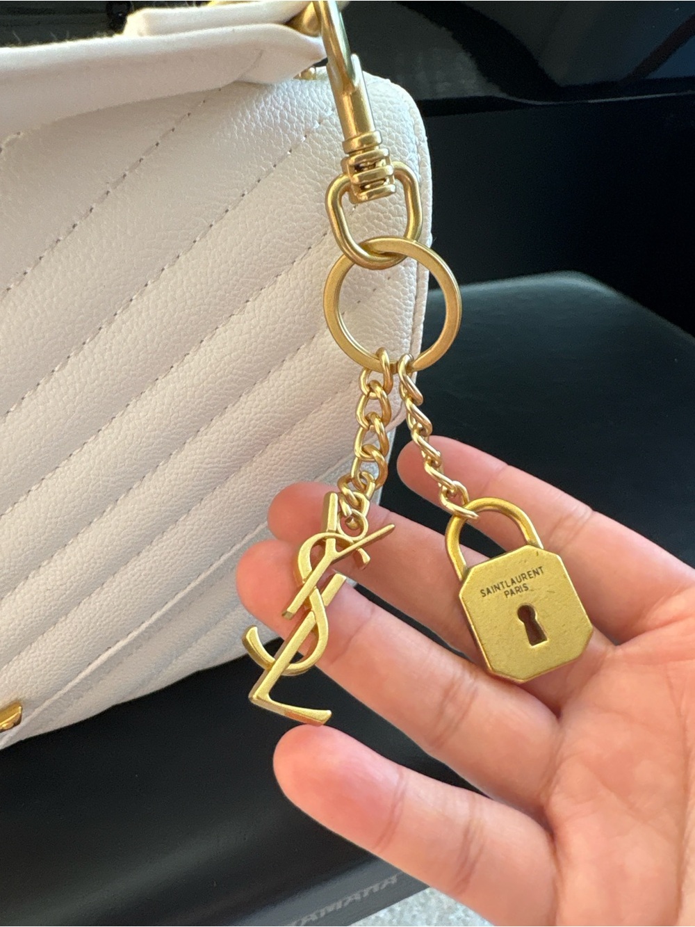 Saint Laurent White Quilted Leather Key & Card Holder with Gold Charm